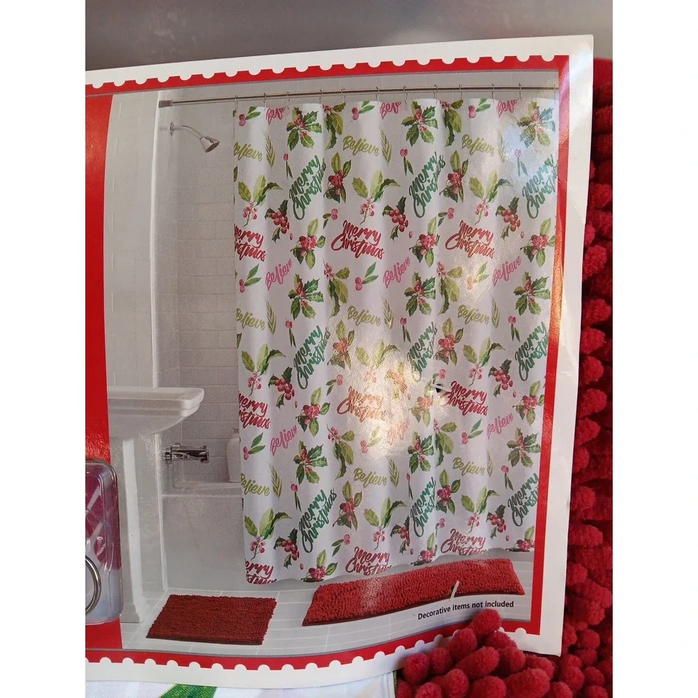 15 Piece Bath Set Christmas‎ Curtain Rugs Hooks Holiday Pretty Berries Decor